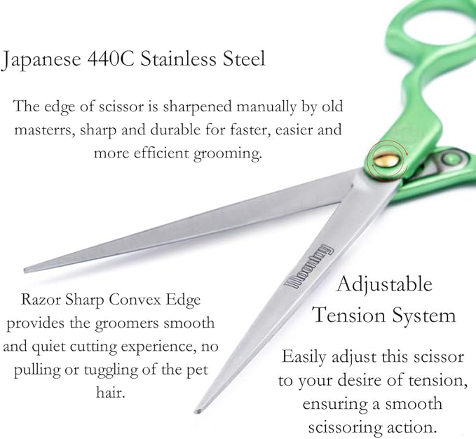 Moontay 6.0" Professional Straight Pet Grooming Scissor, Dog Cat Grooming Shear/Scissor with Ultra-Light Aeronautical Aluminum Handle, 440C Japanese Stainless Steel Pet Grooming Shear, Green