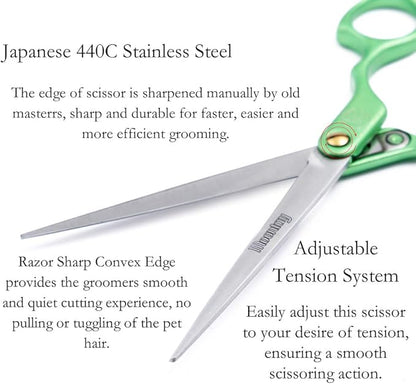 Moontay 6.0" Professional Straight Pet Grooming Scissor, Dog Cat Grooming Shear/Scissor with Ultra-Light Aeronautical Aluminum Handle, 440C Japanese Stainless Steel Pet Grooming Shear, Green
