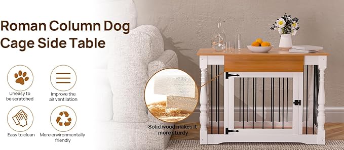 Dog Crate Furniture - Solid Wood Roman Column Kennel for Small/Medium Dogs | Multi-Functional Pet Bed with Removable Tray & Coffee Table Design | Modern Home Decor,Indoor Furniture (White)