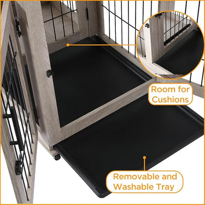 Dog Crate Furniture, Wooden Dog Kennel with Room Divider and Tray, Double Rooms Dog Cage, Wooden Dog Crate Table with 2 Drawers End Table