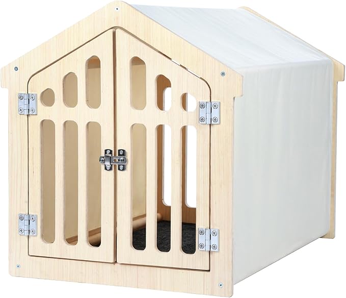 Dog House Indoor for Small Dogs & Medium Dogs 30”Lx21”Wx24”H, Wooden Board & Oxford Fabric & Felt Mat, Lockable Door, Easy Assembly, Wooden Color