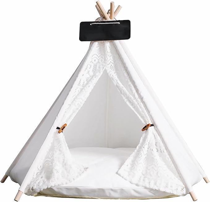 Dog and Cat Teepee Tent Bed - Portable Indoor Pet House for Small Dogs With Cozy Cushion - Removable & Washable - Bunny Tent Outdoor (White Lace, M)