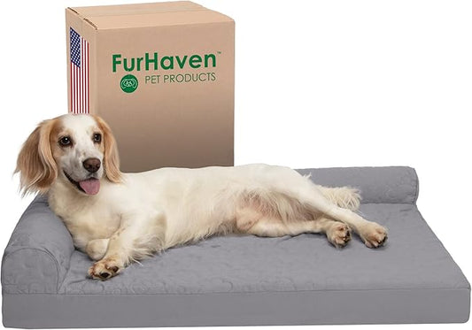Furhaven Memory Foam Dog Bed for Large/Medium Dogs w/ Removable Bolsters & Washable Cover, For Dogs Up to 55 lbs - Pinsonic Quilted Paw L Shaped Chaise - Titanium, Large