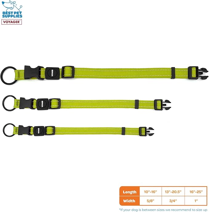 Best Pet Supplies Reflective Dog Collar with Adjustable Length, Heavy-Duty Buckle, and Strong Leash D-Ring, Training, Walking, Jogging Accessory for Small, Medium, and Large Breeds - Lime Green, L