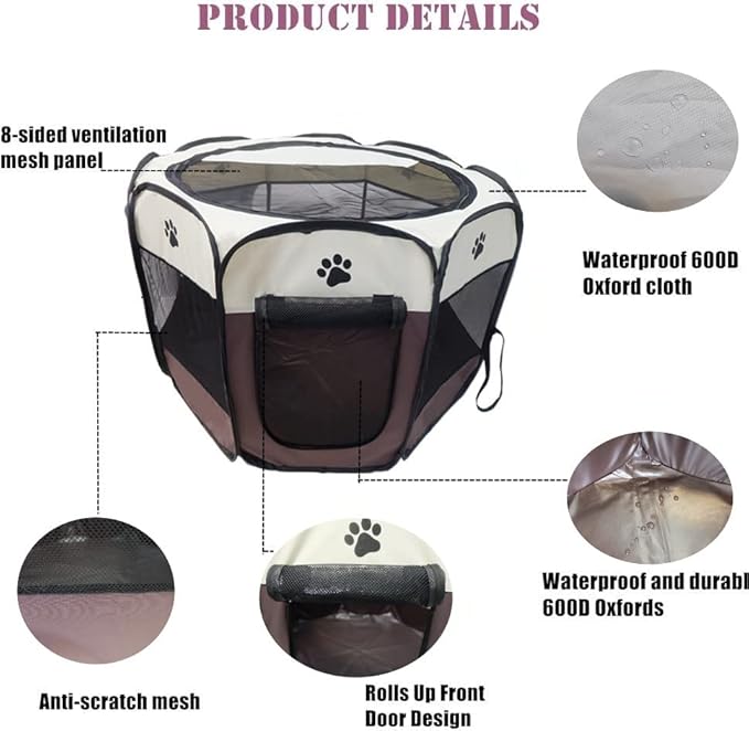 Portable Pet Playpen for Small Cat Dog Puppy Rabbit,Cat Kitten Playpen Indoor Outdoor with Carrying Case,Waterproof Bottom and Removable Zipper Top (M(35.4" x35.4" x23.6"), Brown)