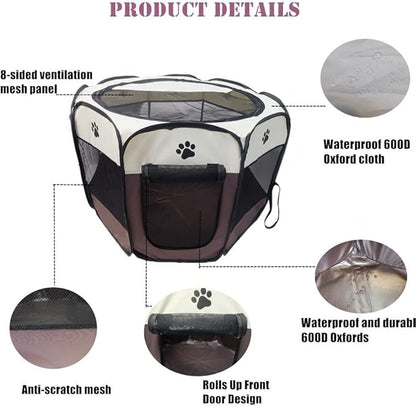 Portable Pet Playpen for Small Cat Dog Puppy Rabbit,Cat Kitten Playpen Indoor Outdoor with Carrying Case,Waterproof Bottom and Removable Zipper Top (M(35.4" x35.4" x23.6"), Brown)