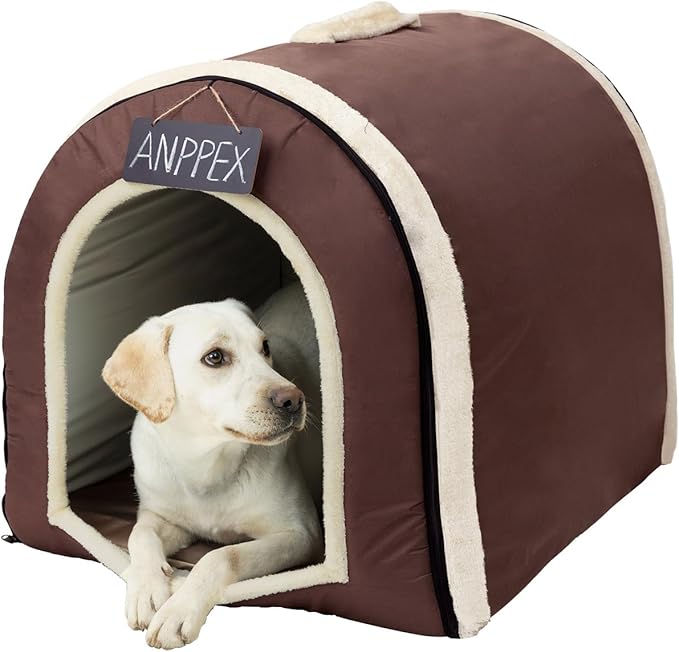 ANPPEX Large Igloo Dog House Indoor,2XL Size Dog Cave for Large and Medium Dogs,2-in-1 Washable Covered Dog Bed,Brown