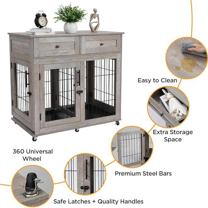 Double Dog Crate Furniture with 2 Drawers,Wooden Dog Crate End Table,2 Dogs Wooden Dog Cage Dog House for Small/Medium/Large