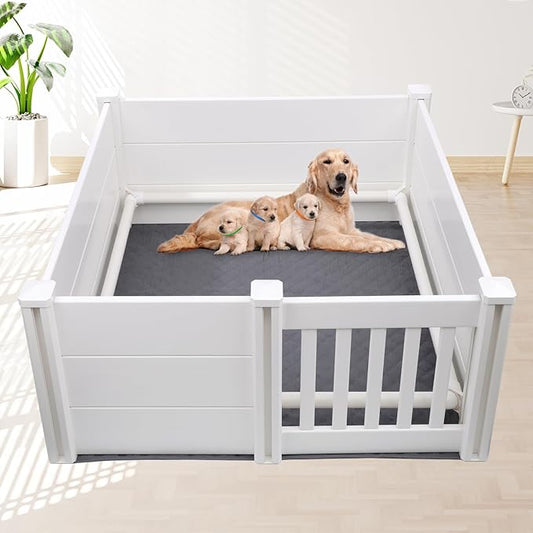 Whelping Box for Dogs and Puppies with Pig Rails and Waterproof Whelping Pad, 60×60×24in Puppies Playpen with Adjustable Height Door ID Collars for Medium Small Dogs