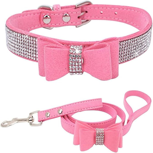 Rhinestone Bowtie Small Dog Collar and Leash Set, Diamond Puppy Collars Bow Crystal Bling Jeweled Glitter Girl Female Adjustable for XXSmall X-Small Small Medium Large Dogs (Pink-1,Large)