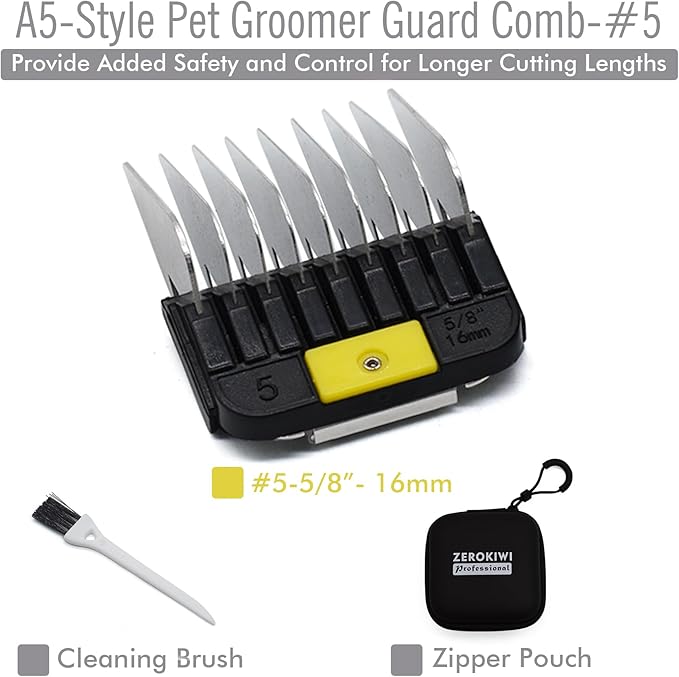 Professional A5 Style Animal Clipper Stainless Steel Color-Coded Snap-on Attachment Guard Guide Comb, 1/8"-1" Compatible with Wahl KM Series Oster A5 Andis Detachable Blade Pet Groomers (#5 - 5/8")