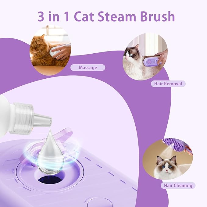 Pet Steam Brush for Dog Cat, 3-in-1 Cat Steam Brush for Shedding Grooming/Massage/Cleaning, Static-Free Deshedding Comb with Nano Spray, 360° Rotating Handle, Rubber Teeth & Portable Design (Purple)