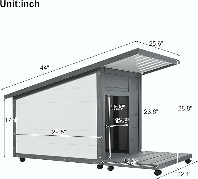 Dog House with Terrace,Weatherproof PVC Roof Small Dogs Kennel W/ 2 Feeding Stainless Bowls and 4 Wheels,Indoor & Outdoor Pine Dog Cage,Easy to Assemble,for Small Dogs,Pets,Gray