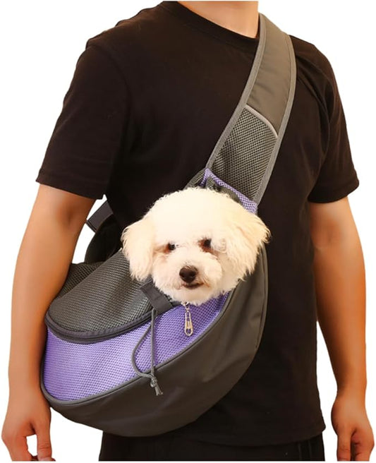 Pet Dog Sling Carrier, Breathable Mesh Bag for Puppy Cat, Crossbody Satchel Dog Purse with Pocket for Outdoor Travel (Violet, Small)