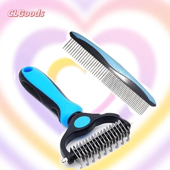 Pet Grooming Brush&Comb Combo, Pet Grooming Brush，Cat Comb Dog Comb for Shedding, 2-Piece Kit,Undercoat Comb for Dog Grooming (Blue)