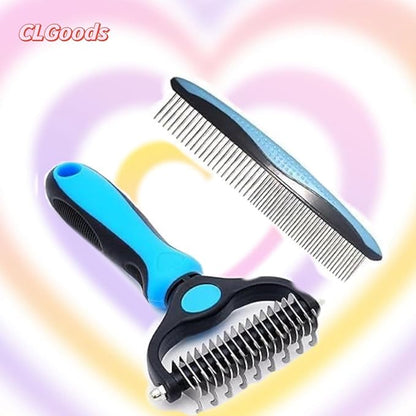 Pet Grooming Brush&Comb Combo, Pet Grooming Brush，Cat Comb Dog Comb for Shedding, 2-Piece Kit,Undercoat Comb for Dog Grooming (Blue)