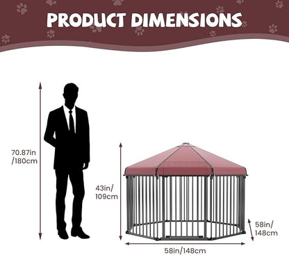 Large Dog Kennel Outside with Roof, Outdoor Dog Kennel with Metal Gate, Heavy Duty Hexagonal Dog Kennel with Lock for OuLarge Dog Kennel Outside with Roof, Outdoor Dog Ketdoor Backyard (4.9x4.9x3.6FT)