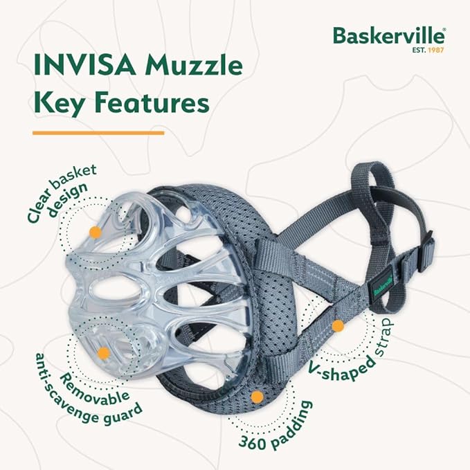Baskerville INVISA Basket Dog Muzzle - Patented Humane Design with Facial Visibility, Padded Nose Band, Dog can Pant and Drink, Prevents Biting and Scavenging. Muzzle for Large Dogs (Size 5)