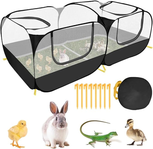 SlowTon Small Animals Playpen, Portable Large Chicken Run Coop with Breathable Transparent Mesh Walls Foldable Pet Cage Tent with 4 Zipper Doors for Puppy Rabbits Outdoor Yard (No Bottom)