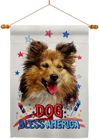 Breeze Decor Patriotic Shetland Sheepdog House Flag Dowel Set Dog Puppy Spoiled Paw Canine Fur Pet Nature Farm Animal Creature Banner Small Garden Yard Gift Double-Sided, Made in USA