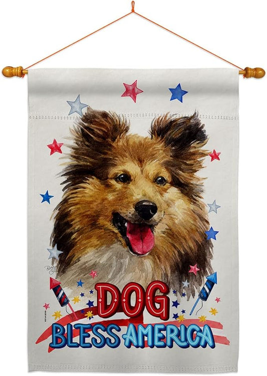 Breeze Decor Patriotic Shetland Sheepdog House Flag Dowel Set Dog Puppy Spoiled Paw Canine Fur Pet Nature Farm Animal Creature Banner Small Garden Yard Gift Double-Sided, Made in USA