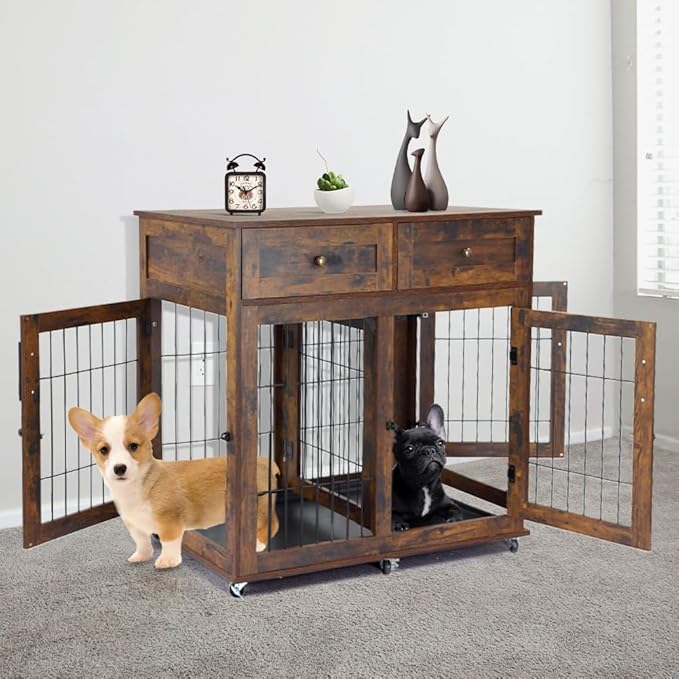 Double Dog Crate Furniture with 2 Drawers,Wooden Dog Crate End Table,2 Dogs Wooden Dog Cage Dog House for Small/Medium/Large