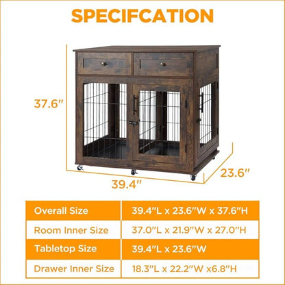 Double Dog Crate Furniture with 2 Drawers,Wooden Dog Crate End Table,2 Dogs Wooden Dog Cage Dog House for Small/Medium/Large