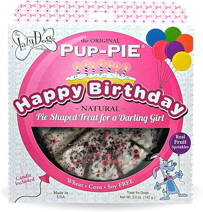 The Lazy Dog Cookie Co. - Original Pup-Pie - Happy Birthday Dog Treat for a Darling Girl with Bag of 5oz Bacon Flavor Mutt Mallows