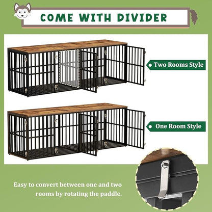 Dog Crate Furniture for 2 Dogs, 76” Wooden Dog Kennel with Divider, XXL Double Dog Crate Furniture Large Breed with 4 Doors, Dog Cage End Table Indoor for Large & Medium Dogs, Black