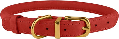 BRONZEDOG Rolled Leather Dog Collar with QR ID Tag Adjustable Soft Round Collars for Small Medium Large Dogs Puppy Cat (14" - 16" Neck Size, Classic Red)