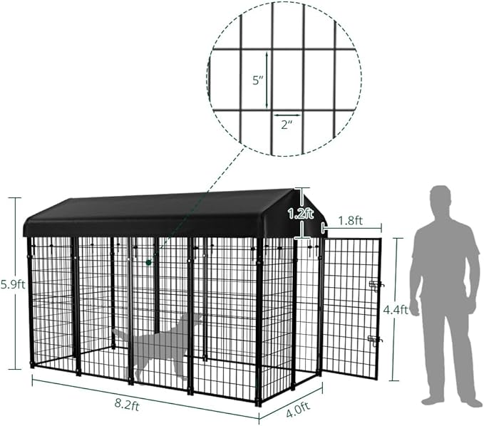 Dog Kennel Outside with Roof, 8'x6'x4' Outdoor Dog Kennels for Large Dogs, Heavty Duty Welded Dog Crate Playpen with UV-Resistant Waterproof Cover