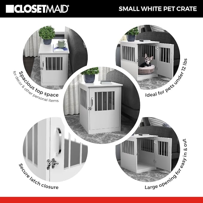 ClosetMaid Pet Crate End Table Furniture for Small Dogs or Cats Under 12 lbs, White Wood Finish