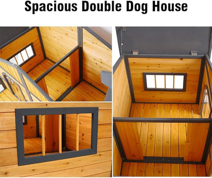 Wooden Dog House Outdoor Indoor, Double Dog Kennel Pet House with Window, Weatherproof Dog Houses with Porch, Double Room, Openable Asphalt Roof, Elevated Floor, Puppy Shelter for 2 Small Medium Dogs