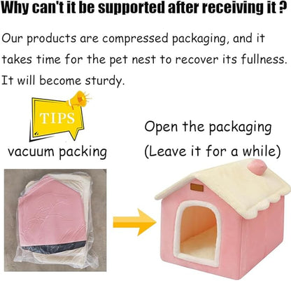Dog House Indoor Memory Sponge, Foldable Dog House Kennel Bed Mat with Cushion for Small Medium Large Dogs Cats, Winter Warm Cat Nest Puppy Cave Sofa Pet Products (Pink, S)