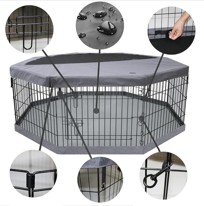 PETIME Foldable Metal Dog Exercise Pen/Pet Puppy Playpen Kennels Yard Fence Indoor/Outdoor 8 Panel 24" W with Top Cover and Bottom Pad (Playpen+Bottom+Top Cover, 8 Panels 30" H)