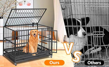 48 “ Heavy Duty Dog Crate, Cage Kennel with Wheels&Brakes, High Anxiety Indestructible, Sturdy Locks Design, Double Door and Removable Tray, for Large Pets