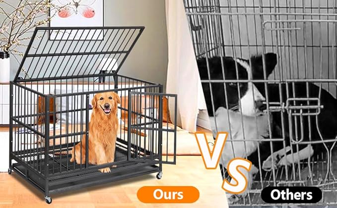 48 inch Heavy Duty Dog Crate, Indestructible Dog Crates for Large Dogs, Cage Kennel with Wheels&Brakes, Sturdy Locks Design, Double Door and Removable Tray, for Medium & Large Pets