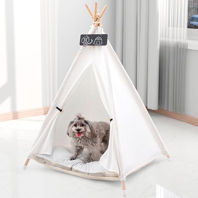 Pet Teepee Tent for Large Dogs with Thick Cushion/Bed, Portable Dog House, Puppy Teepee for Cats Dogs Rabbits (Large Size)