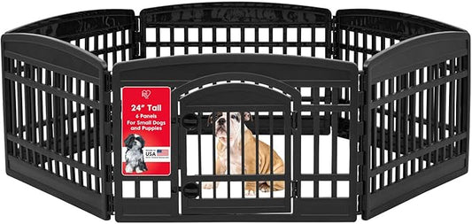 IRIS USA 24" 6-Panel Dog Playpen with Door, 61 x 61 x 24, Puppy Playpen, Dog Play Pen Indoors, Pet Fence, Small/Medium Pets, Black