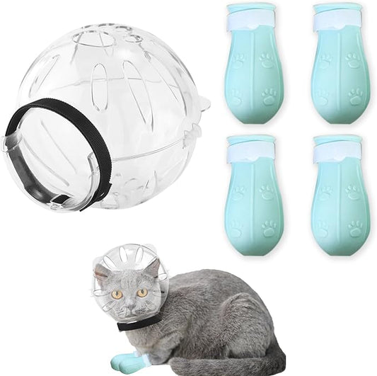 SAVITA Cat Breathable Bubble Helmet with Silicone Paw Covers, Light Green Cat Adjustable Hood Plastic Kitten Breathable Anti Bite Muzzles for Cats Grooming Bathing Shaving Nail Trimming