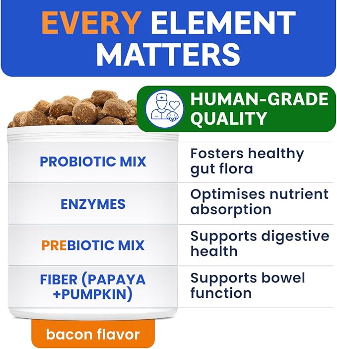 BARK&SPARK Dog Probiotics & Digestive Enzymes (Gut Health) Allergy & Itchy Skin - Pet Diarrhea Gas Treatment Upset Stomach Relief Pill, Digestion Health Prebiotic Supplement Tummy Treat (180Ct Bacon)