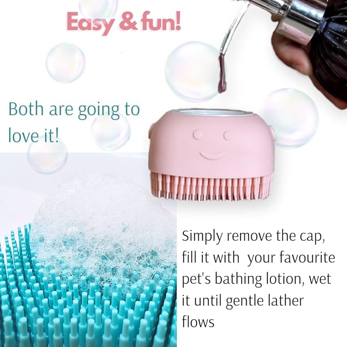 Pet Brush with Shampoo Dispenser - Yellow Silicone Bath Brush with Soap Scrubber for Relaxing & Non-Stress Grooming of Dogs and Puppies