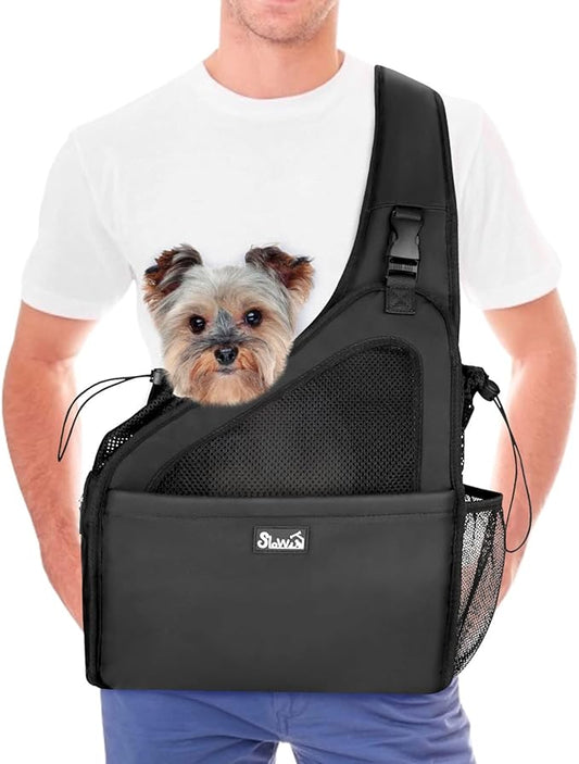 Lukovee Dog Slings for Small Dogs, Hard Bottom Support & Adjustable Soft Padded Shoudler Strap Dog Sling Carrier, Dog Purse with Button Closure & Zipper Pockets (for Pets 6-12 lbs, Black)