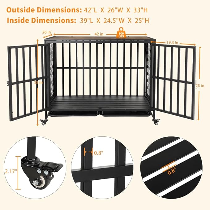 42'' Dog Crate Furniture, Wooden Dog Kennel with Lockable Wheels, Dog Crate End Table with Trays, Decorative Dog Kennel Indoor, Heavy Duty Dog Cage for Medium Large Dogs, Rustic Brown
