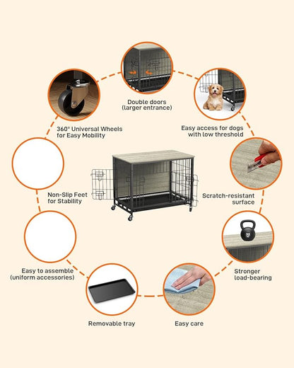 Dog Crate Furniture, 32.5" Wooden Dog Kennel Indoor, Double Doors Dog Cage with Removable Tray, Wheels, Large Dog Crate End Table for Medium/Large Dogs, Grey