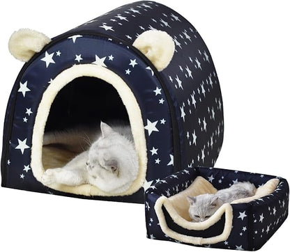 Cat Bed or Dog Bed,2 Ways to Use,Indoor Pet House with Fluffy Mat,Removable and Washable Cover,Splash-Proof House and Non-Slip Bottom,for Cats and Small Dogs(S Star)