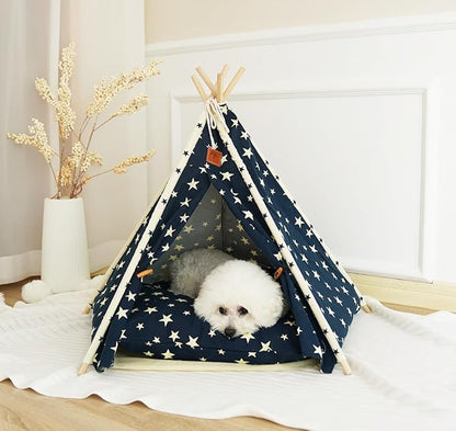 Solid Wood Cat Tent Indoor with Thick Mat,Portable Dog House Dog Teepee Tent,Cute Cat Teepee Cave, Cat Bed,Dog Bed Tent,Puppy Bed Tent,Bunny Tent,Pet Tent Teepee