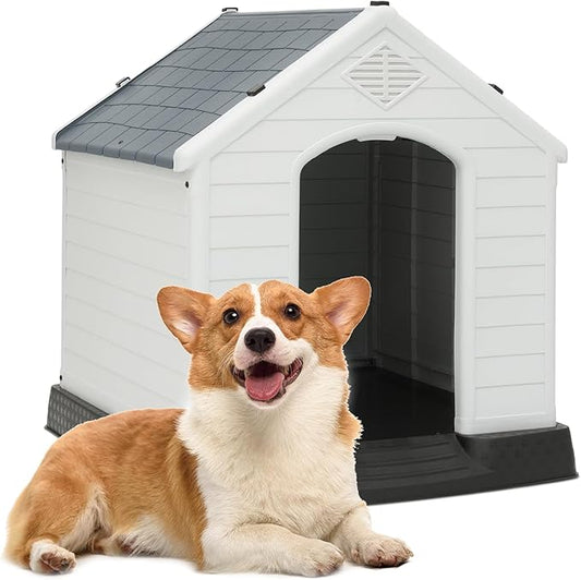 MoNiBloom Outdoor Dog House, Durable Dog Housess Indoor, Plastic Insulated Water Resistant Puppy Shelter for Small Medium Dogs, Dark Gray