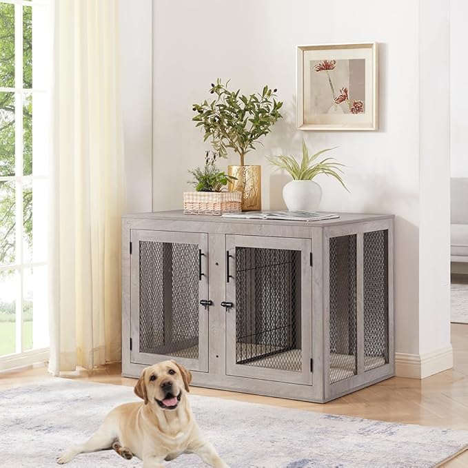 unipaws 46.7" Extra Large Dog Crate Furniture with Divider for 2 Dogs, Wooden Dog Kennel for XLarge Breed, XL Wood Dog Cage, End Table Crate with Tray, for Dogs Up to 90 lbs