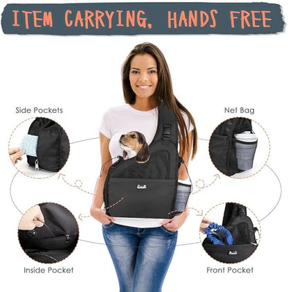 Lukovee Dog Slings for Small Dogs, Hard Bottom Support & Adjustable Soft Padded Shoudler Strap Dog Sling Carrier, Dog Purse with Button Closure & Zipper Pockets (for Pets up to 6 lbs, Black)